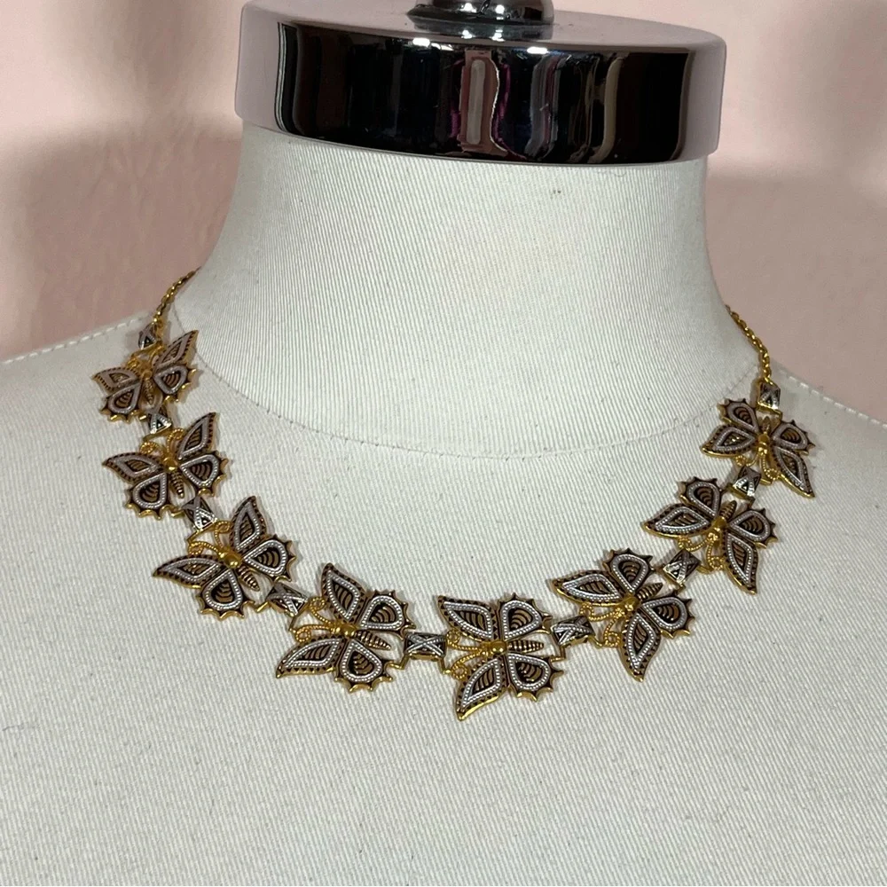 Art deco Gold Plated Spanish Damascene Butterfly vintage Necklace Earring set